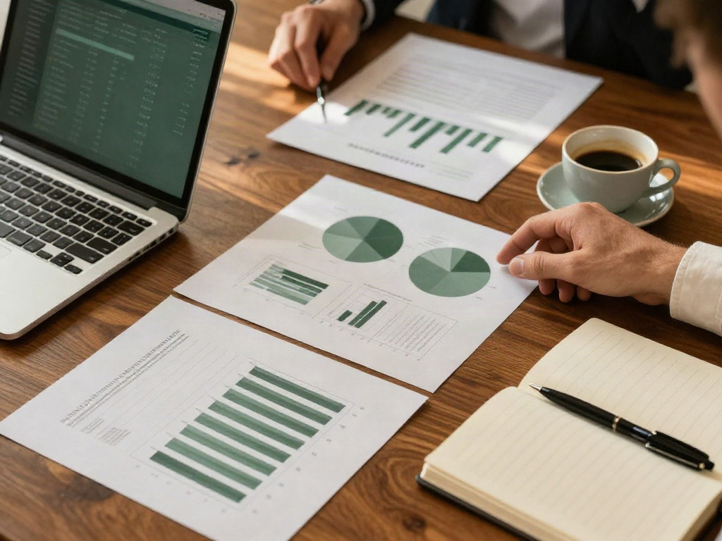 Business performance charts and a laptop being reviewed at a walnut meeting table