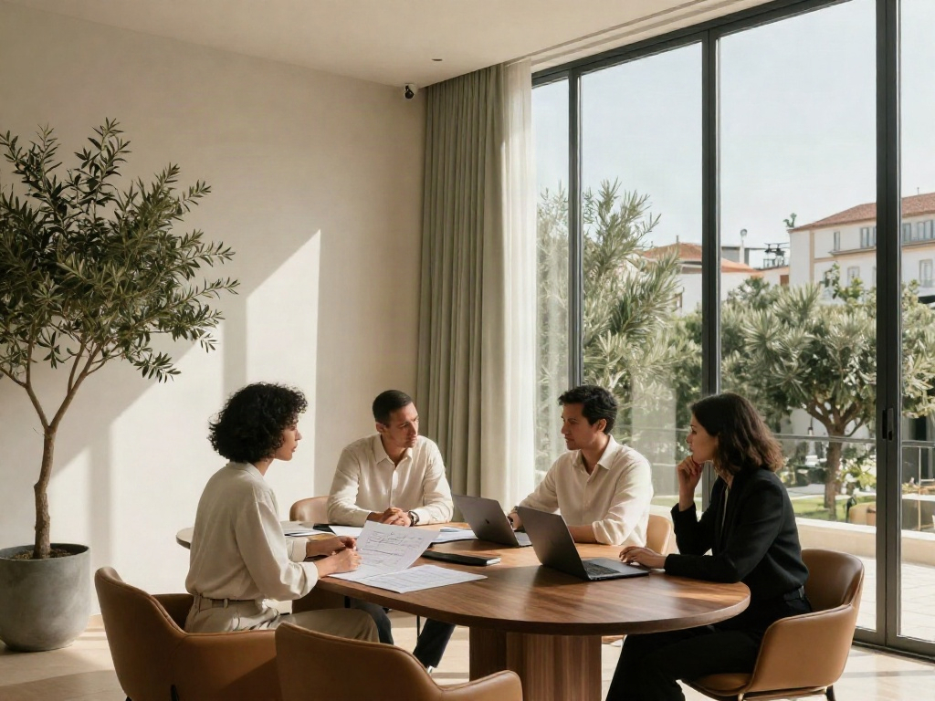 Consultants reviewing business plans in a sunlit contemporary meeting room
